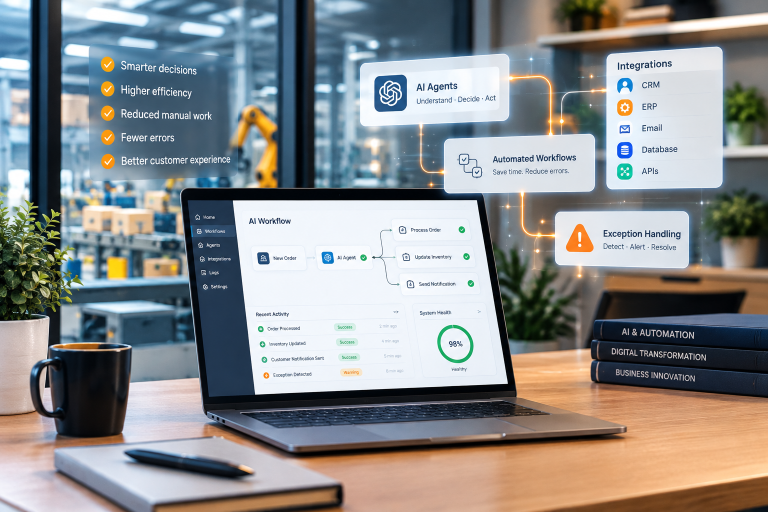 Business professional reviewing an automated workflow and performance dashboard