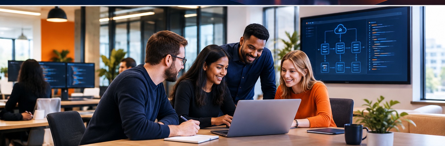 A diverse team collaborating around a laptop in a modern office