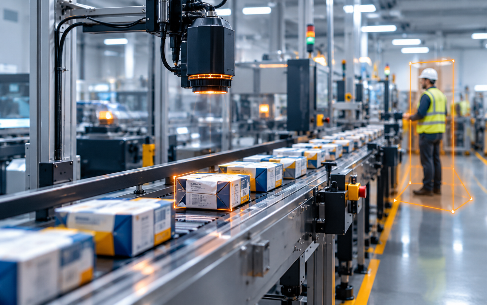 Industrial camera inspecting products for defects and monitoring worker safety